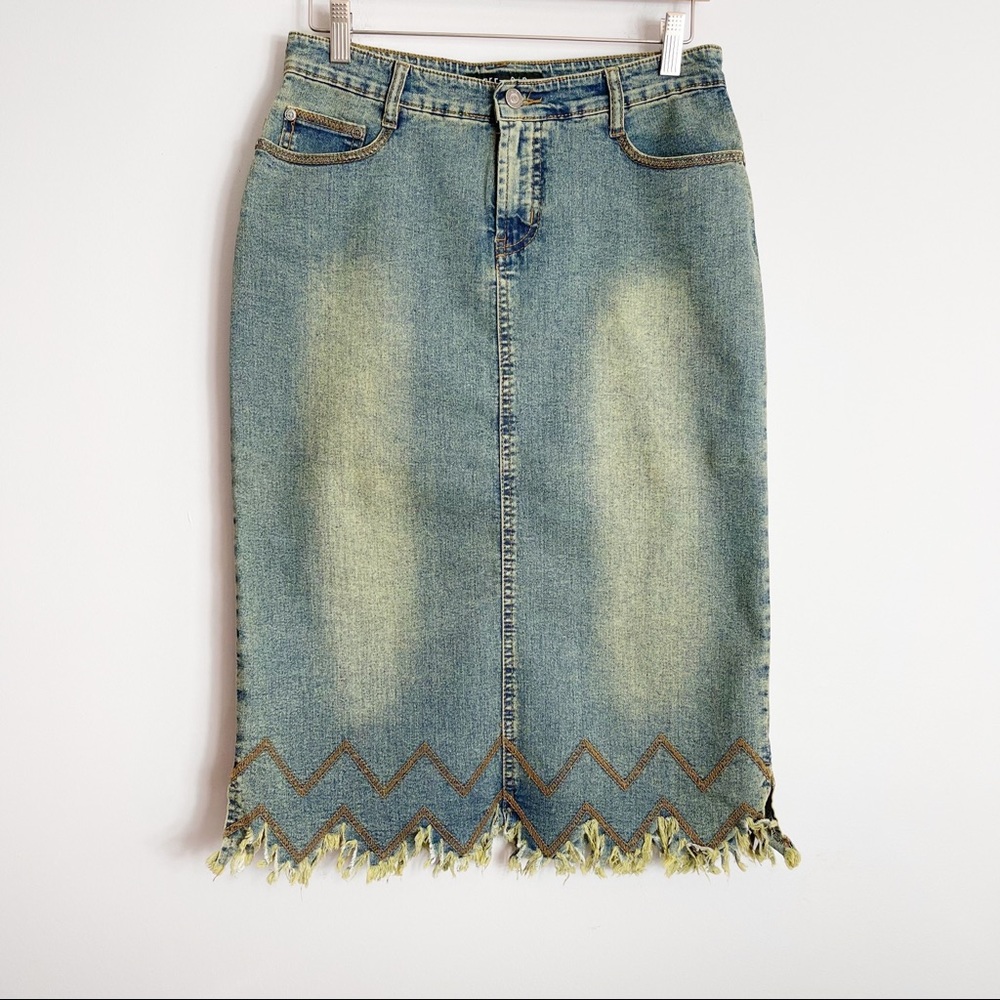 Street Code 7/8 Denim Frayed Boho Midi Skirt NWOT